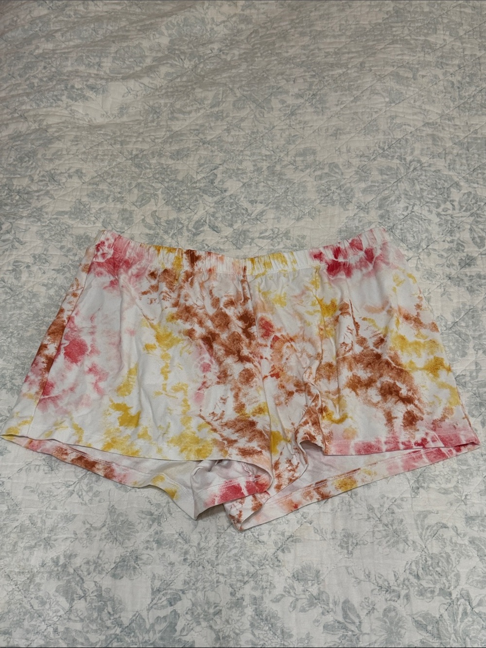 SO Tie-Dye Sleep Shorts in White with Pink, Yellow & Brown